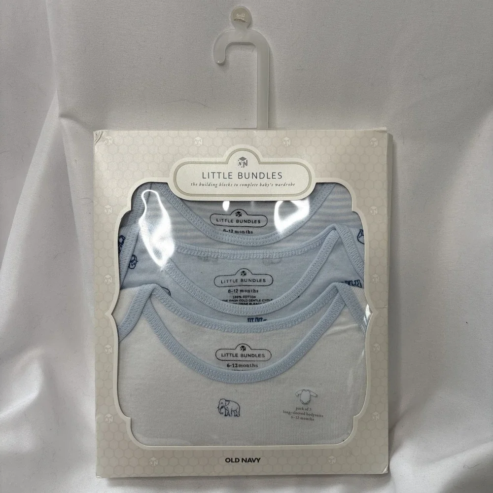 Old Navy‎ Little Bundles 100% Cotton 6-12 Mos 3 Pack Long Sleeve Bodysuits Blue